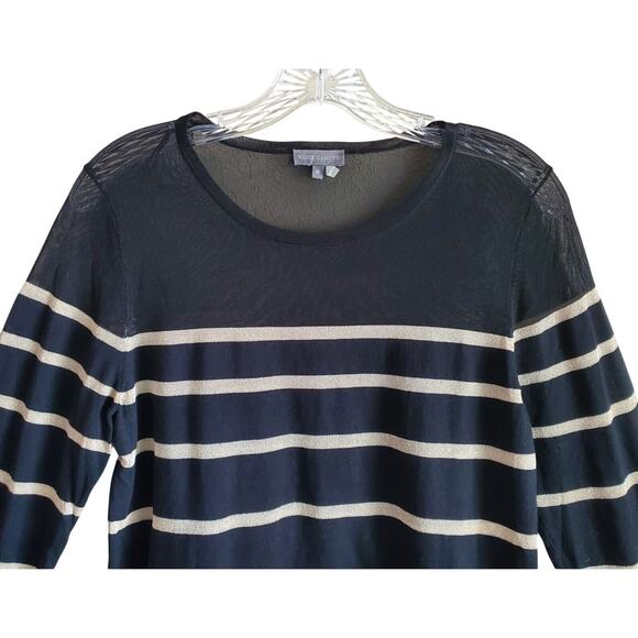 VINCE CAMUTO Women's M Sweater Black Gold Sheer Neckline & Shoulders Striped 36" - Picture 2 of 7